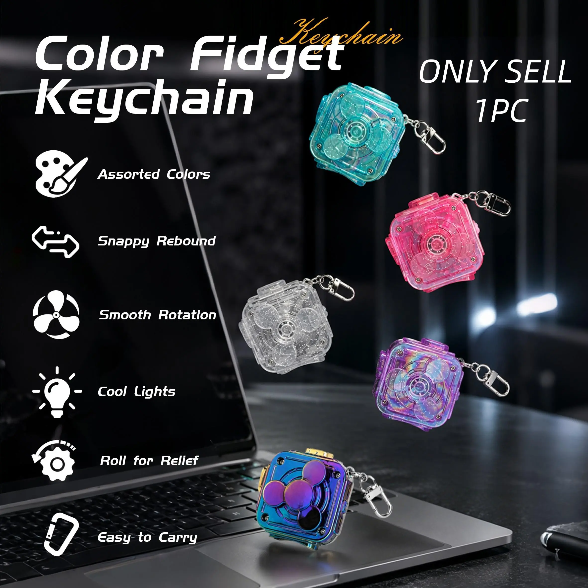 Single Pack Square Finger Spinner Gyro, Smooth Rotation Stress Relief Toy with Clear Button, Detachable Hook, Pocket Size Daily Relaxation Toy