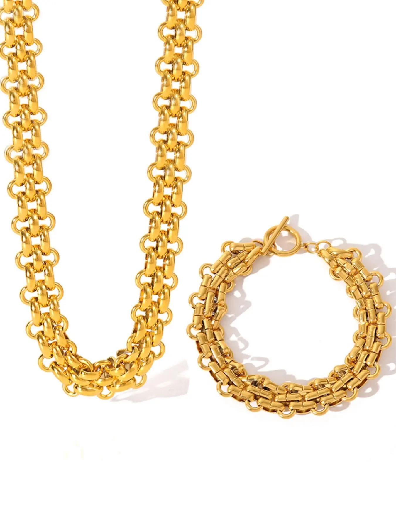 2Pcs Stainless Steel Cuban Chain Statement Necklace Bracelet Set For Women New Punk 18K Gold Plated Waterproof Jewelry Sets