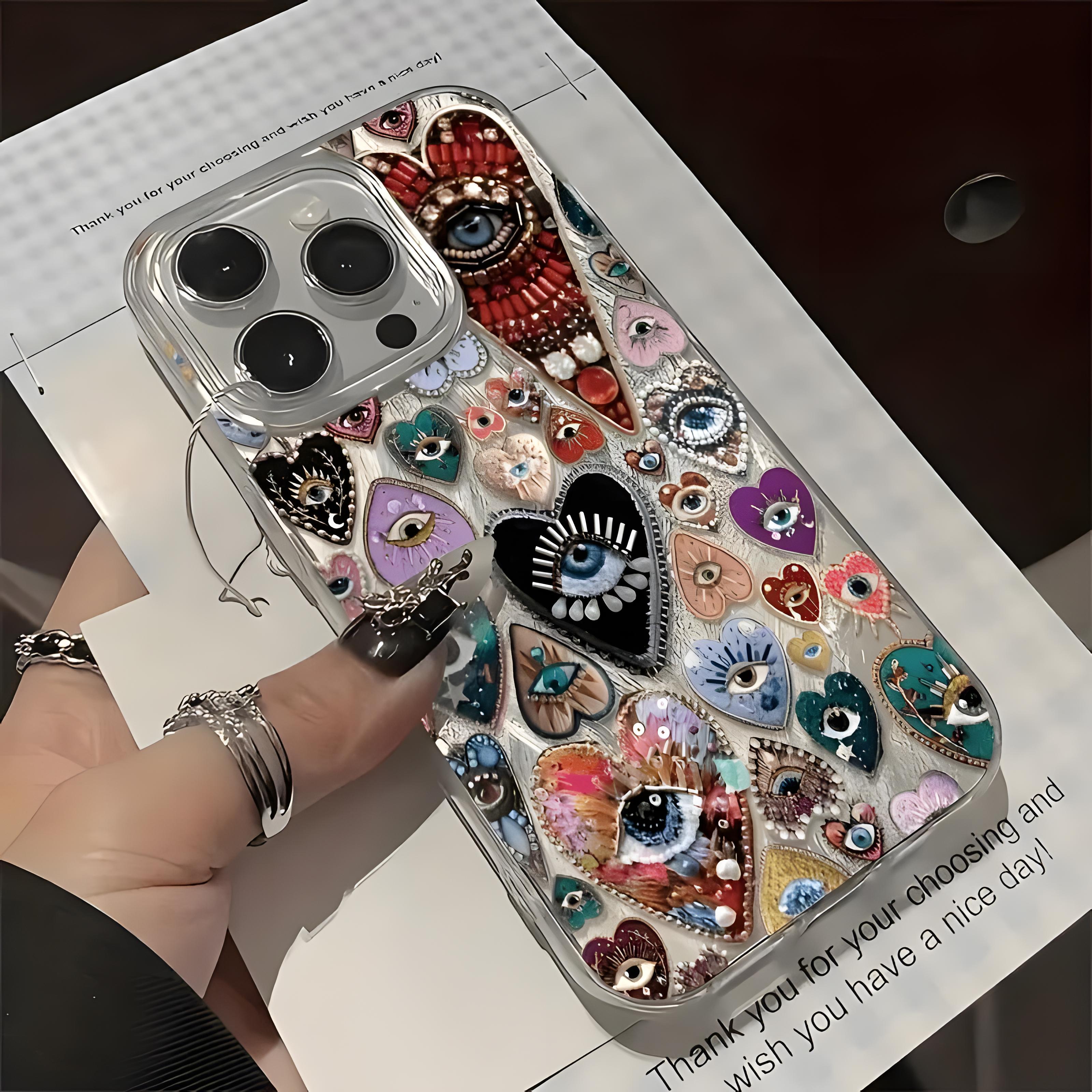 Not 3D Raised Effect,Boho Evil Eye Heart Case for iPhone 17/16/15/14/13/12/11 Pro Max/Pro/Plus/Air Beaded Holographic Shockproof Slim Fit TPU Material Eclectic Art Aesthetic Colorful Cellphone Cover Protection Smartphone Casing, Accessories, Pr,Pum,Hallo.