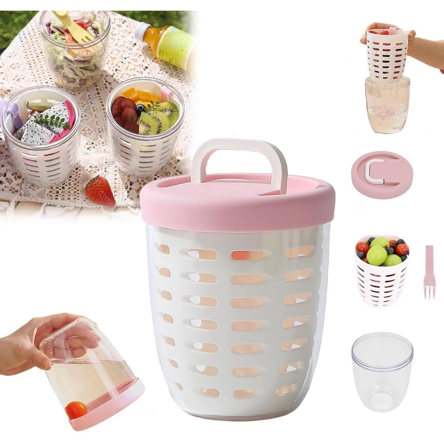 Portable Picnic Party Fruit Salad Storage Cup with Lids and Fork,Fruit Storage Containers for Fridge with Removable Colander BPA-Free,Leak-Proof,Keep Fruits,Berry,Salad Fresh longer(pink) dealsforyou summerwins