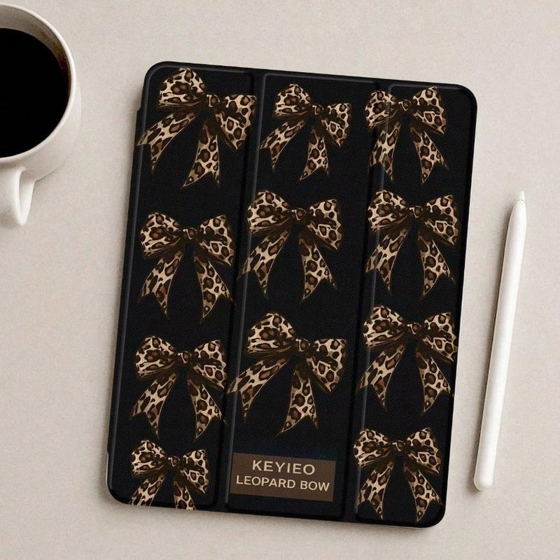 Leopard Print Bow-Tie Trifold iPad Case, Built-in Pencil Slot Auto Sleep/Wake, Anti-Slip Shockproof Durable Flip Stand, Multi-Option, Compatible with iPad 10th/11th Gen/10.2"/Pro 11" 2021/2020 & Galaxy Tab S9 FE+ 12.4", Unisex New Year Gift