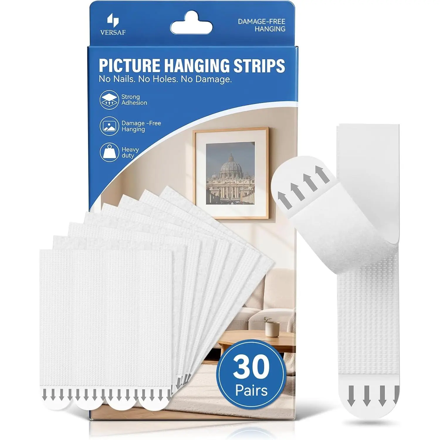 Heavy Duty Adhesive Picture Hanging Strips, 30 Pairs Large Refill Packs - No Nails, Easy Removal, Strong Hold for Wall Decor, Fishing Gear Displays, Frames
