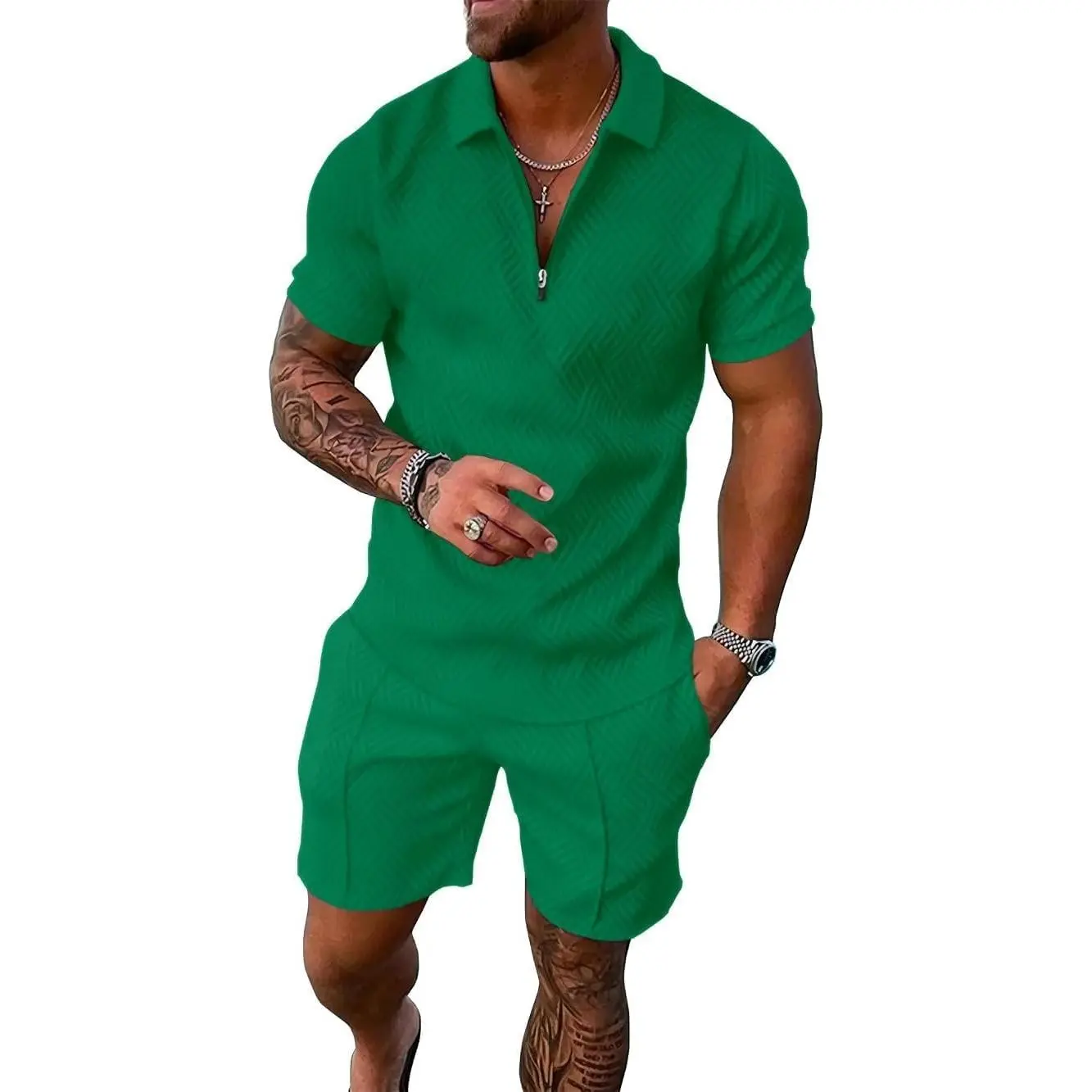 Men Casual Short Sets 2 Pieces Outfits 1/4 Zip Polo Shirt and Shorts Set Mens Beach Outfit Golf Outfit Jogging Outfit Summer Leisure Vacation Summer Tracksuit Apricot Outfit For Men