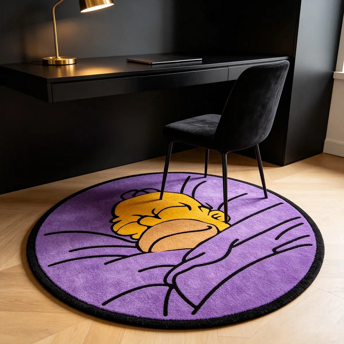 Homer Simpson Round Plush Rug, American Retro Anime Bedroom Bedside Decor Mat, Lazy Trendy Casual Cartoon Foot Pad
