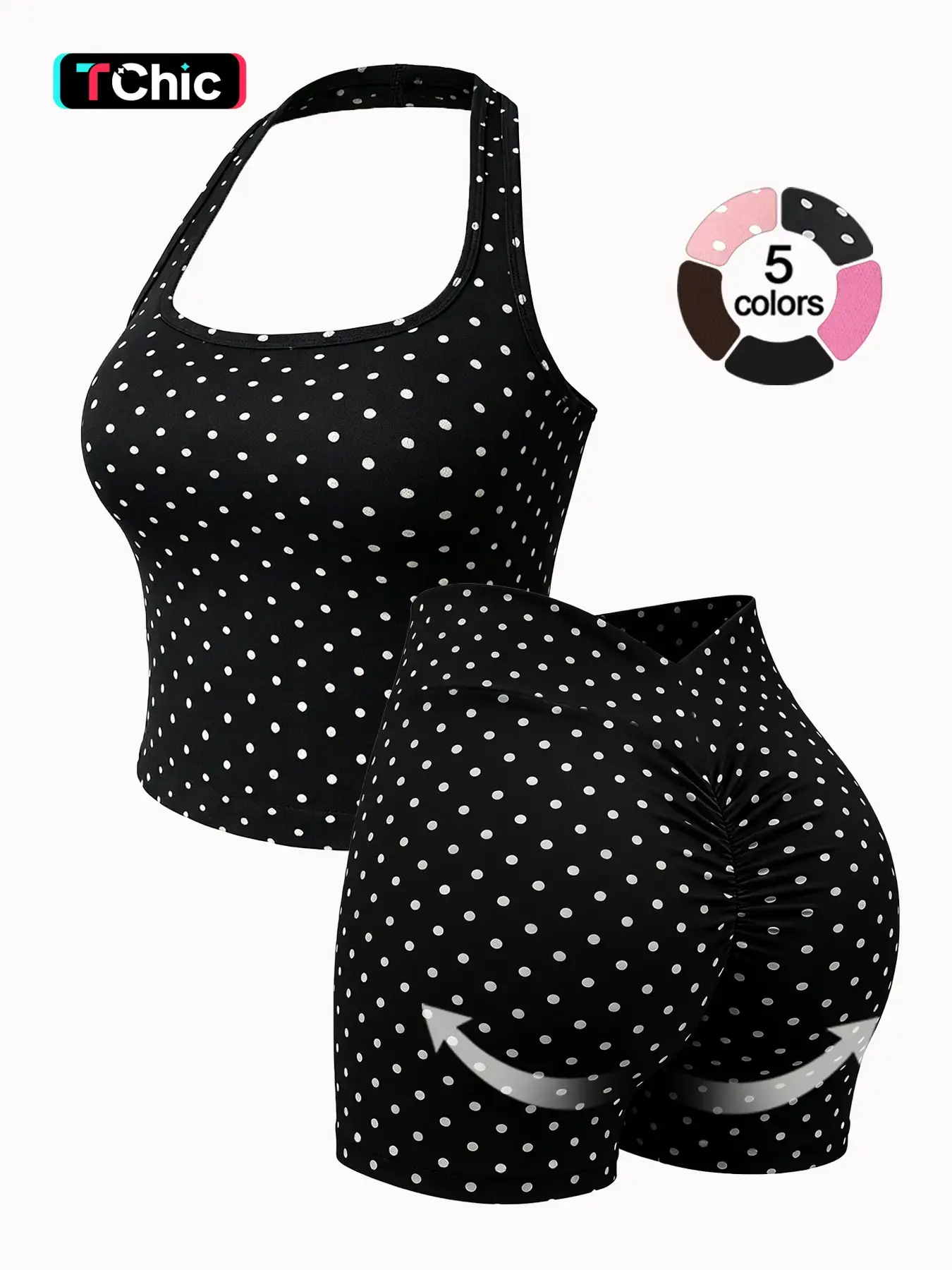 Vintage Halter Neck Sport Suit for Women, V-Back Ruched High-Waisted Shorts, Yoga & Gym Two-Piece Set, Gym Sports Set, Five Colors Available