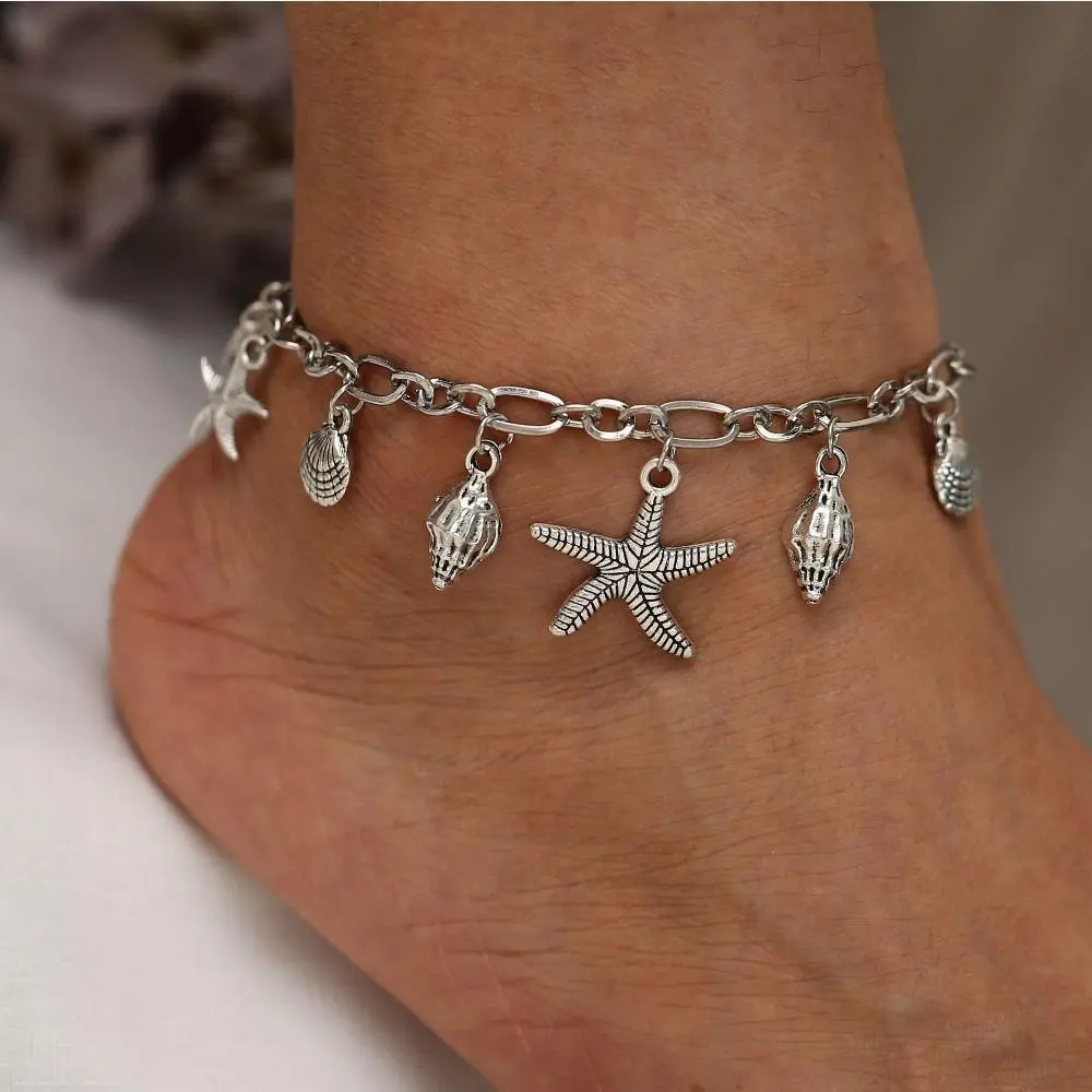 Women's Polished Antique Silver Nautical Anklet - Lightweight, Casual, Stylish Printed Design, Starfish, Shell, Conch Pendants, Vintage Minimalist Jewelry with Breathable Fabric for Lazy Mornings, Sleeping, Summer Beach Recreation