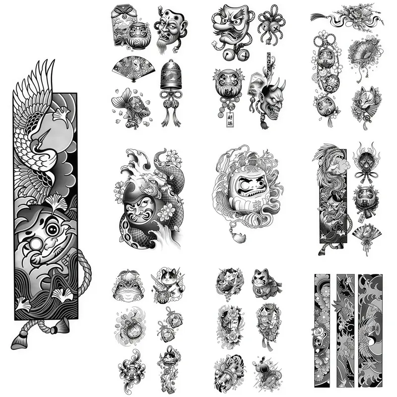 Japanese Ukiyo-e Daruma Temporary Tattoo Stickers Set, Semi-Permanent Herbal Fake Tattoos, Waterproof Long Lasting 7-15 Days, Realistic Traditional Dragon Crane Oni Mask Design, Vintage Oriental Arm Body Tattoo for Men Women