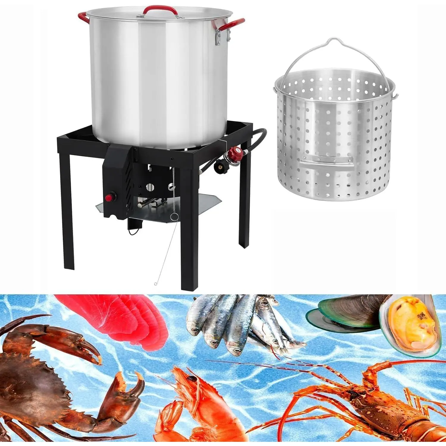 100QT Aluminum Seafood Boil Pot Set with Steam & Boil Basket, Strainer – 110,000 BTU Propane Igniter, 10 PSI Controller, Lifting Hook – Outdoor Crawfish, Shrimp, Crab Boiler for Backyard Barbecue and Cooking