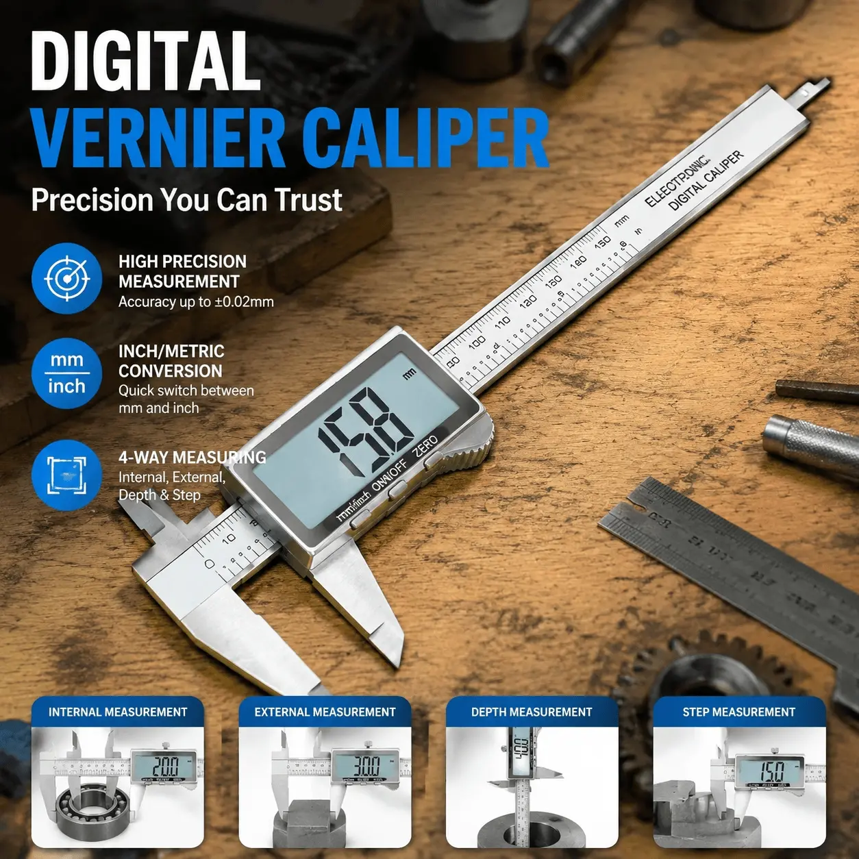 Digital Caliper 0-150mm High Precision Measuring Tool with LCD Screen ABS Plastic Lightweight Durable for DIY Workshop Home Use Inside Outside Depth Measurement Auto Off Unit Conversion