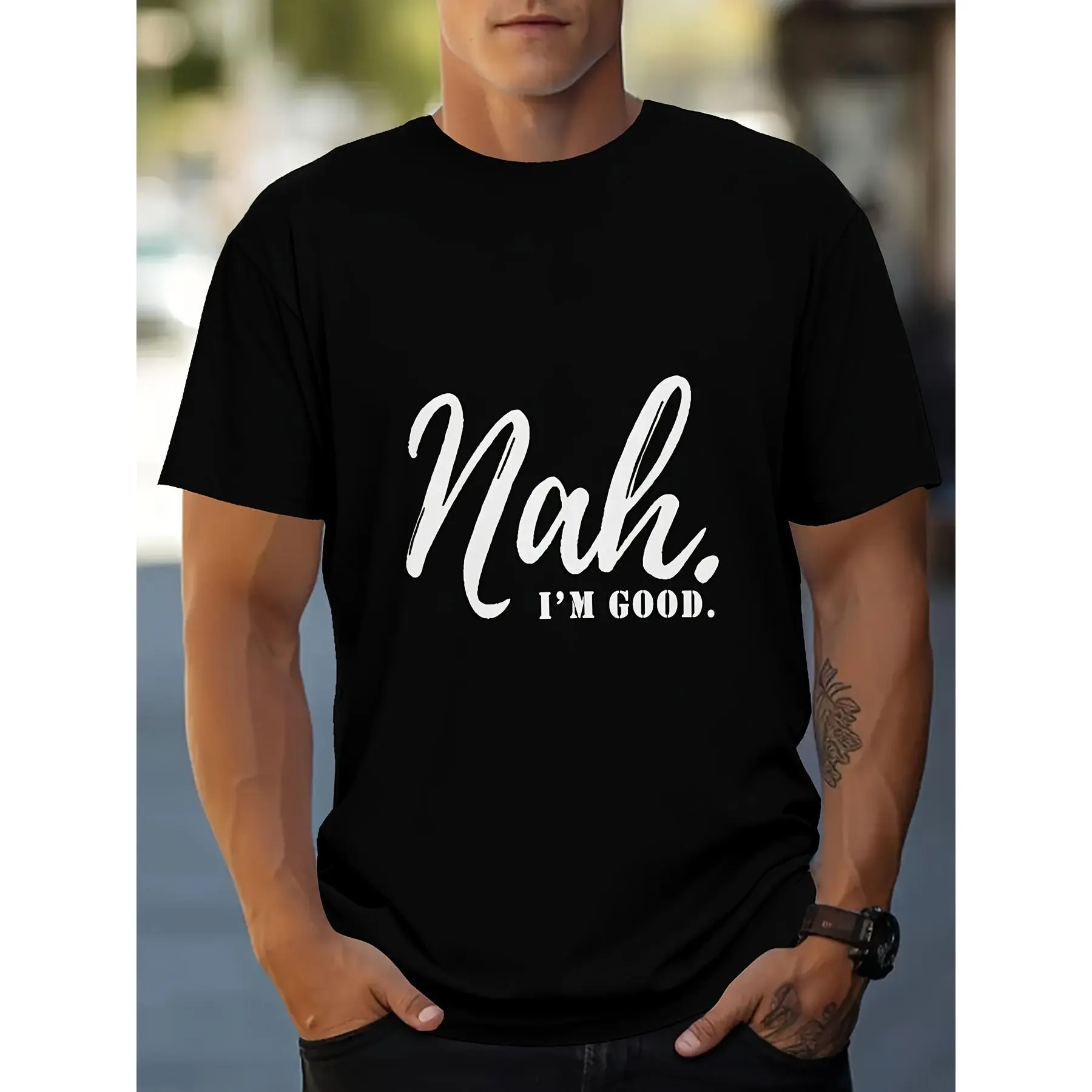 Men's Denim T-Shirt with Double Gun Holster - Stretch Crew Neck Short Sleeve Top, Machine Washable Casual Shirt Suitable for Outdoor, Western Style & Casual Attire, PLUS SIZE