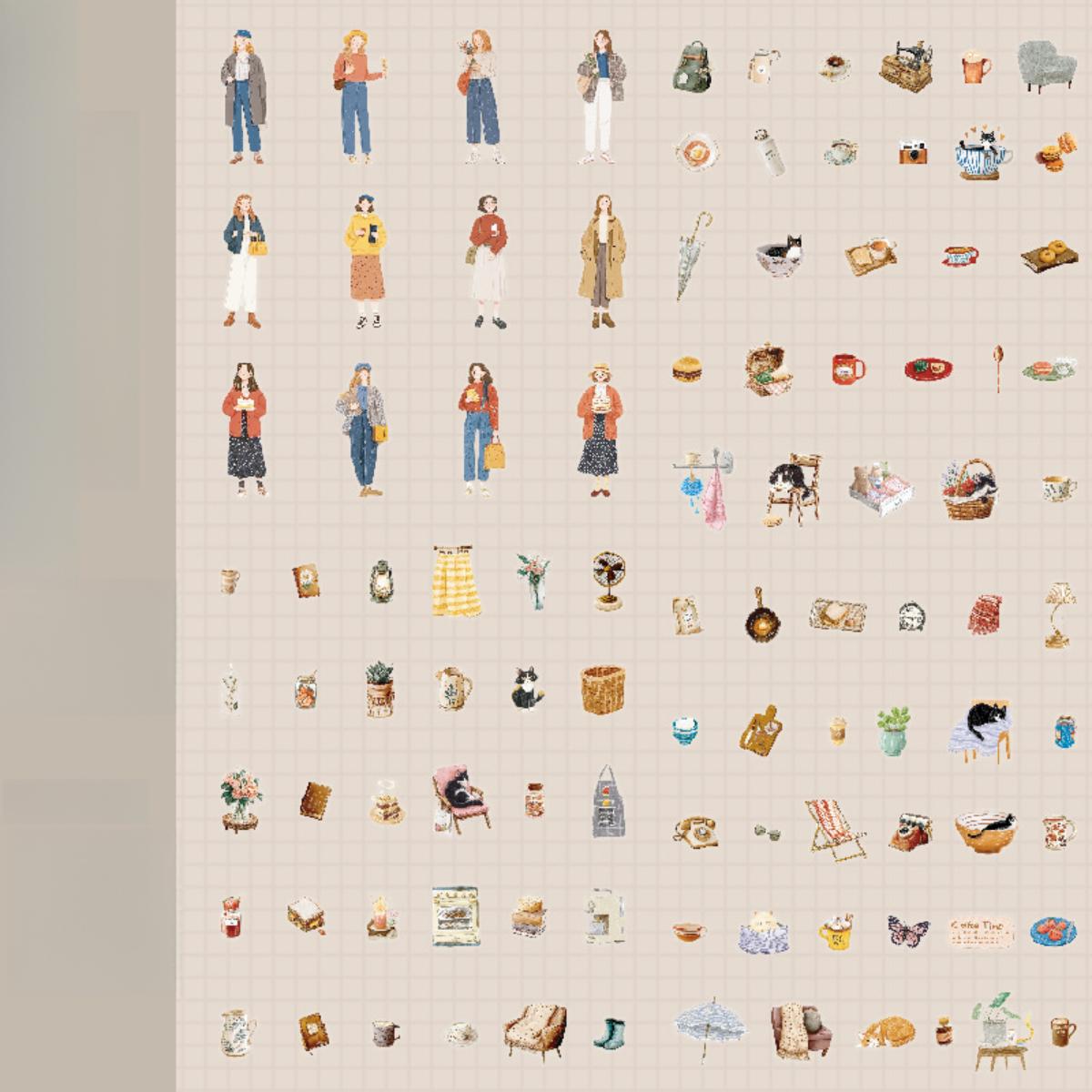 100 piece minimalist large sticker pack featuring characters, flowers, scene product patterns, minimalist style, PET waterproof material, self adhesive, DIY journal decoration, scrapbook notebook materials