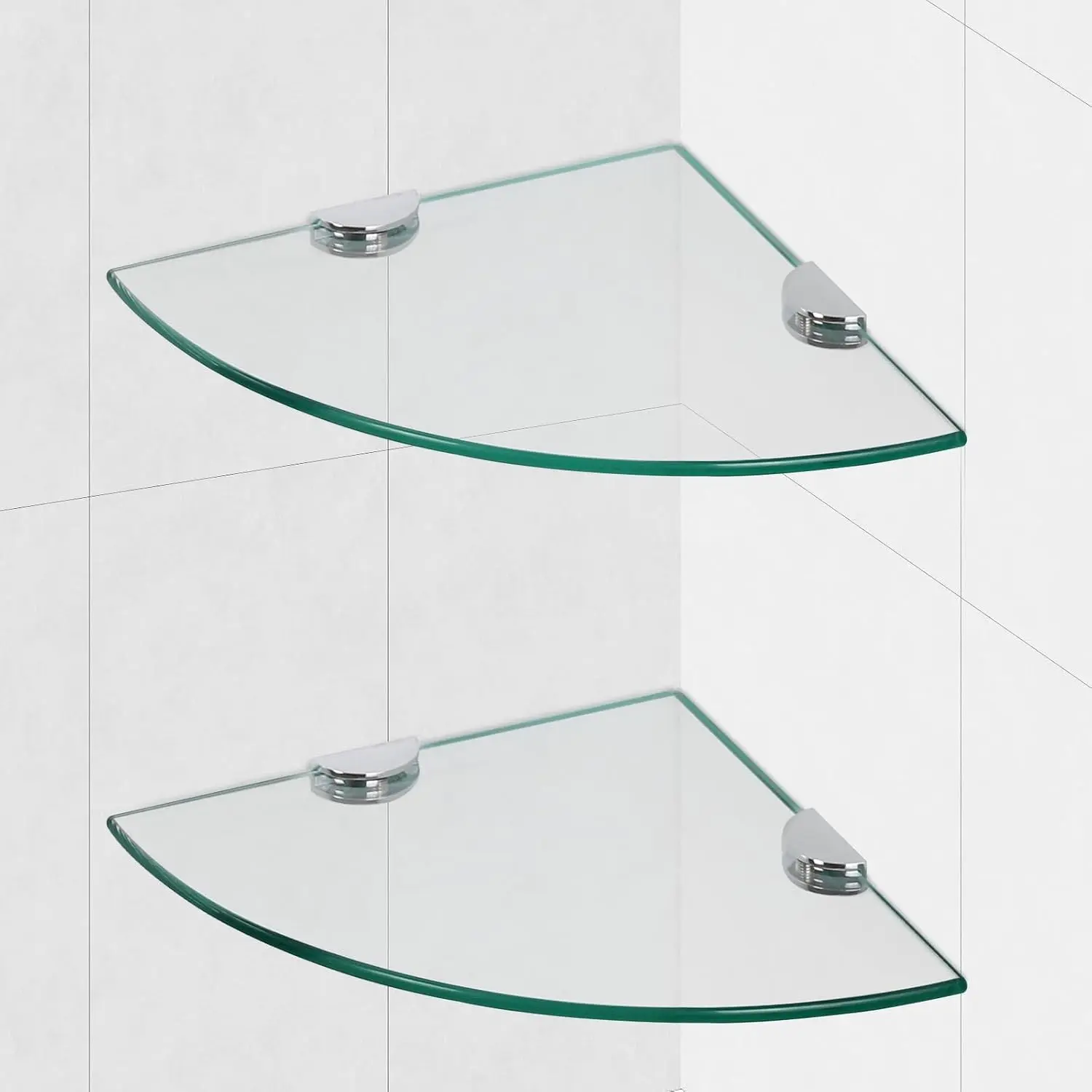 Glass Corner Shower Shelves, Tempered Floating Glass Shelves Wall Mount, Shower Caddy Organizer, Bathroom Corner Shelf with Zinc Alloy Brackets for Bathroom, Kitchen, Living Room, 9.8" x 9.8", 2 Pack