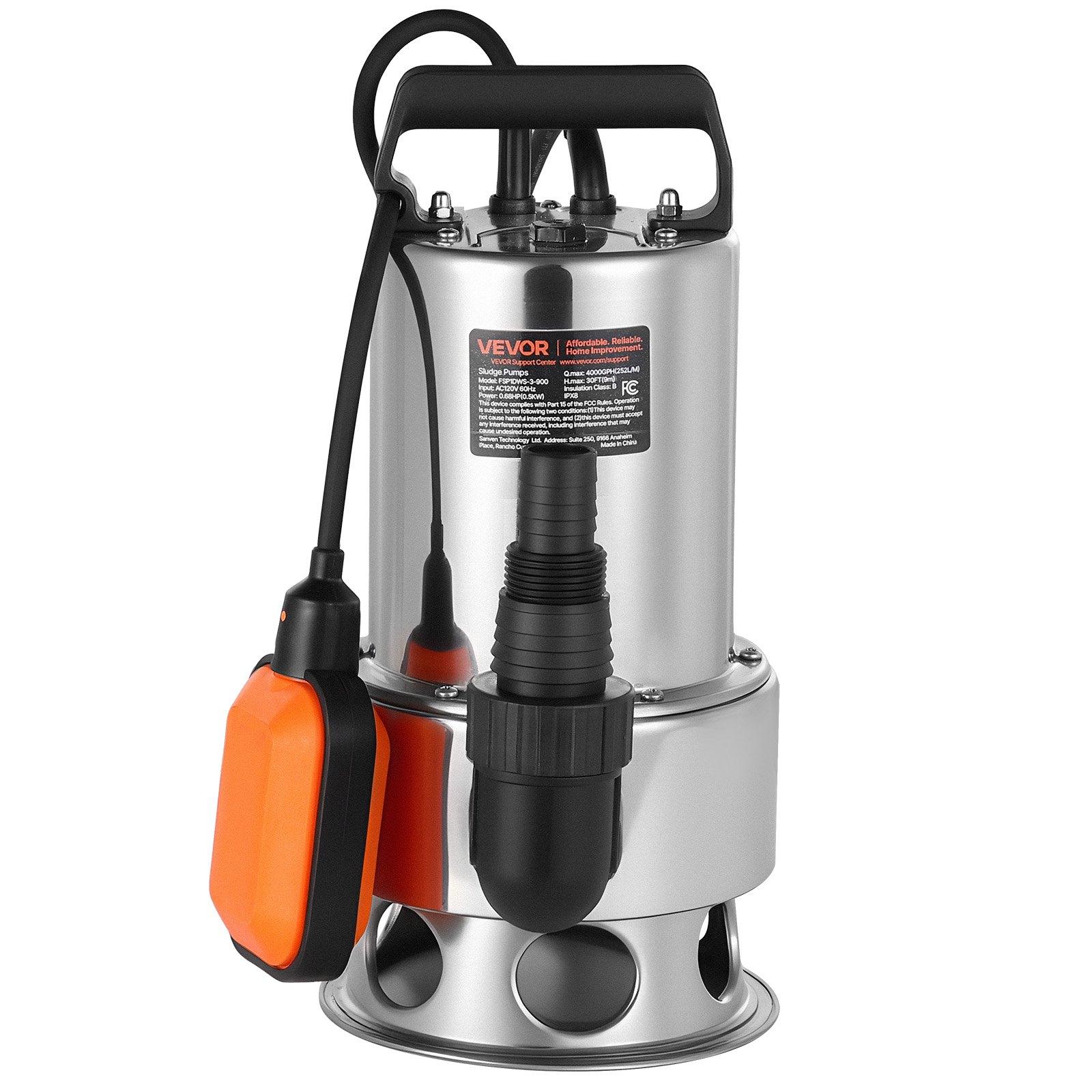 VEVOR 0.68 HP Submersible Sump Pump, 4000 GPH, Stainless Steel Submersible Sewage Dirty Clean Water Pump with Automatic Float Switch, Long Cord, 30 ft Max Lift, for Pools, Garden, Flooded Basement VEVOR 0.68 HP Submersible Sump Pump, 4000 GPH, Stainless Steel Submersible Sewage Dirty Clean Water Pump with Automatic Float Switch, Long Cord, 30 ft Max Lift, for Pools, Garden, Flooded Basement
