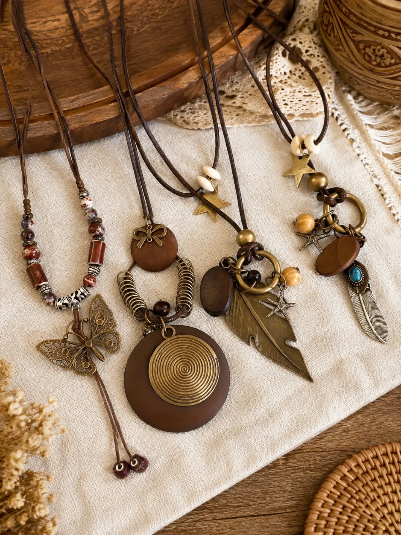Boho Vintage Women's Necklace Set, Boho Style Necklace, Layered Leather Rope Necklaces, Assorted Necklaces, Feather Butterfly Star Ethnic Jewelry, Daily Wear and Gift
