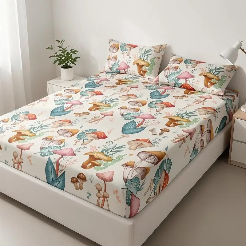 100% Polyester 3pcs Mushroom Print Bed Sheet Set, Fresh Breathable Jungle Design, Includes One Bed Sheet and Two Pillowcases