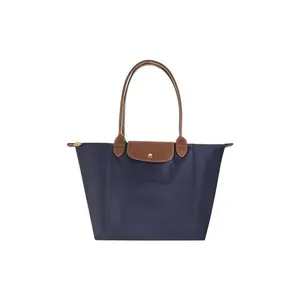Longchamp Le Pliage 31 Logo Foldable Tote Bag for Women, Canvas and Leather, Navy Blue