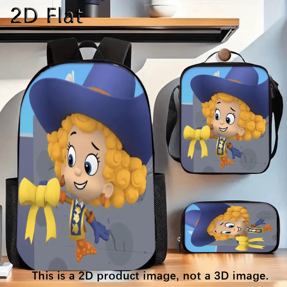 Durable Water Resistant 3-Piece Backpack Set for Kids, Lightweight School Bag with Lunch Box, Gray Wall Background Bubble Guppies Deema Cowgirl Cartoon Graphic Print, Spacious 15in Laptop Pocket & Soft Breathable Padded Straps