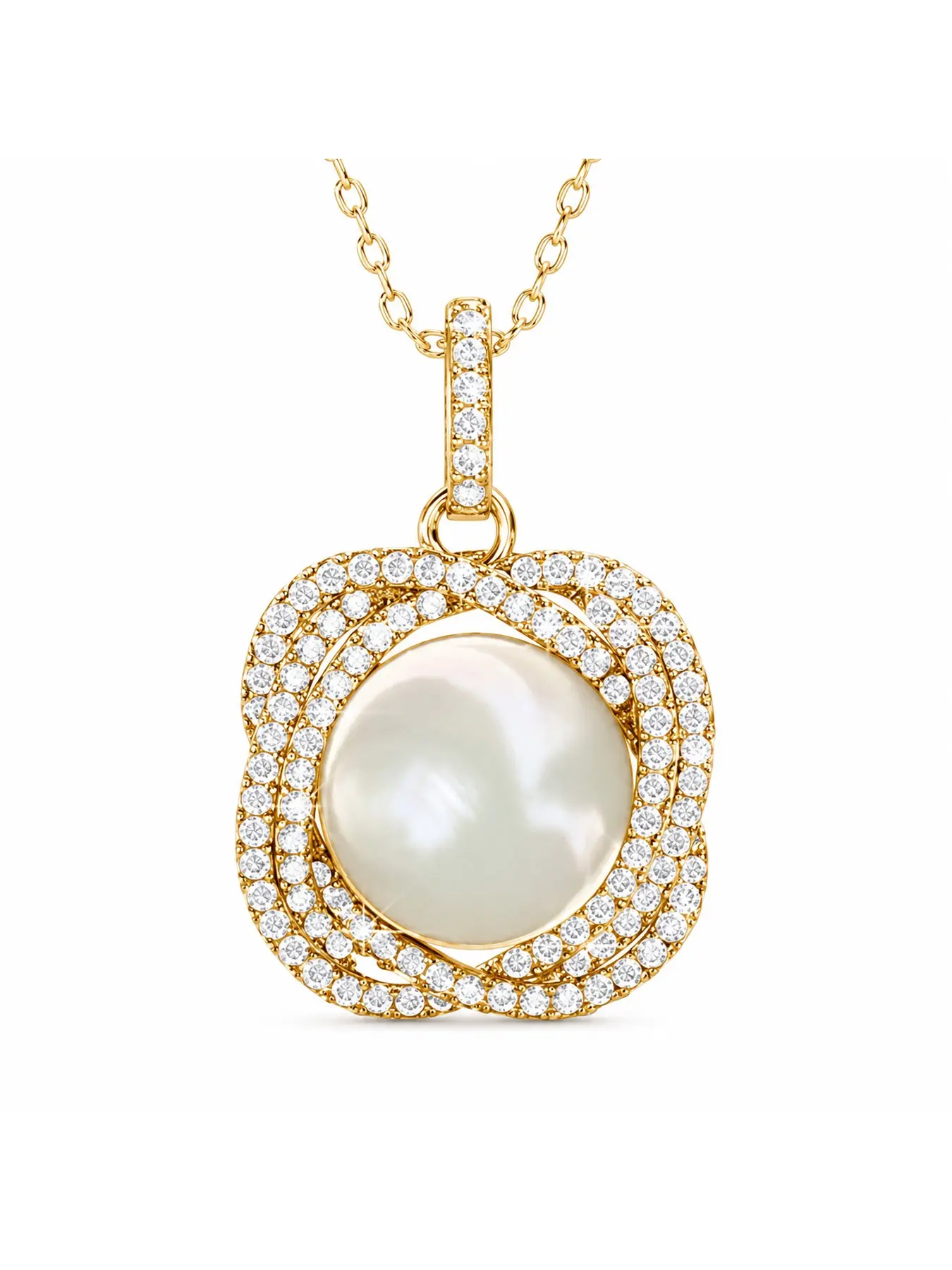 Daisini Women's Brass Gold Plated Swarovski Crystal Pendant Necklace, Round Pearl Shell Stone, Elegant Lockbone Chain, Luxury Gift Jewelry