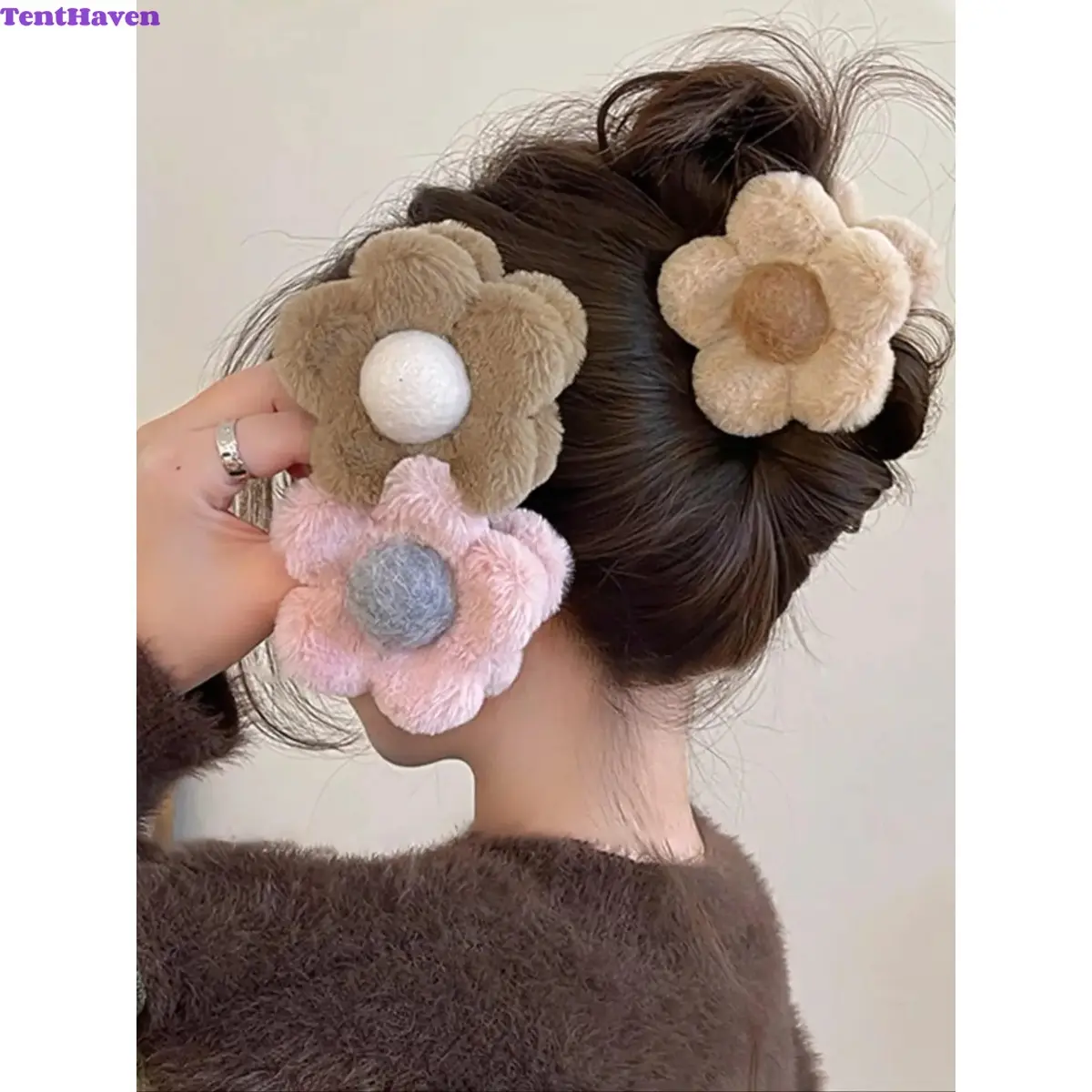 3pcs Cute Flower Design Hair Claw Clip, Spring Fashionable Hair Accessories for Women & Girls, Fluffy Plush Hair Claws for Thick Hair, Floral Hair Clip Set