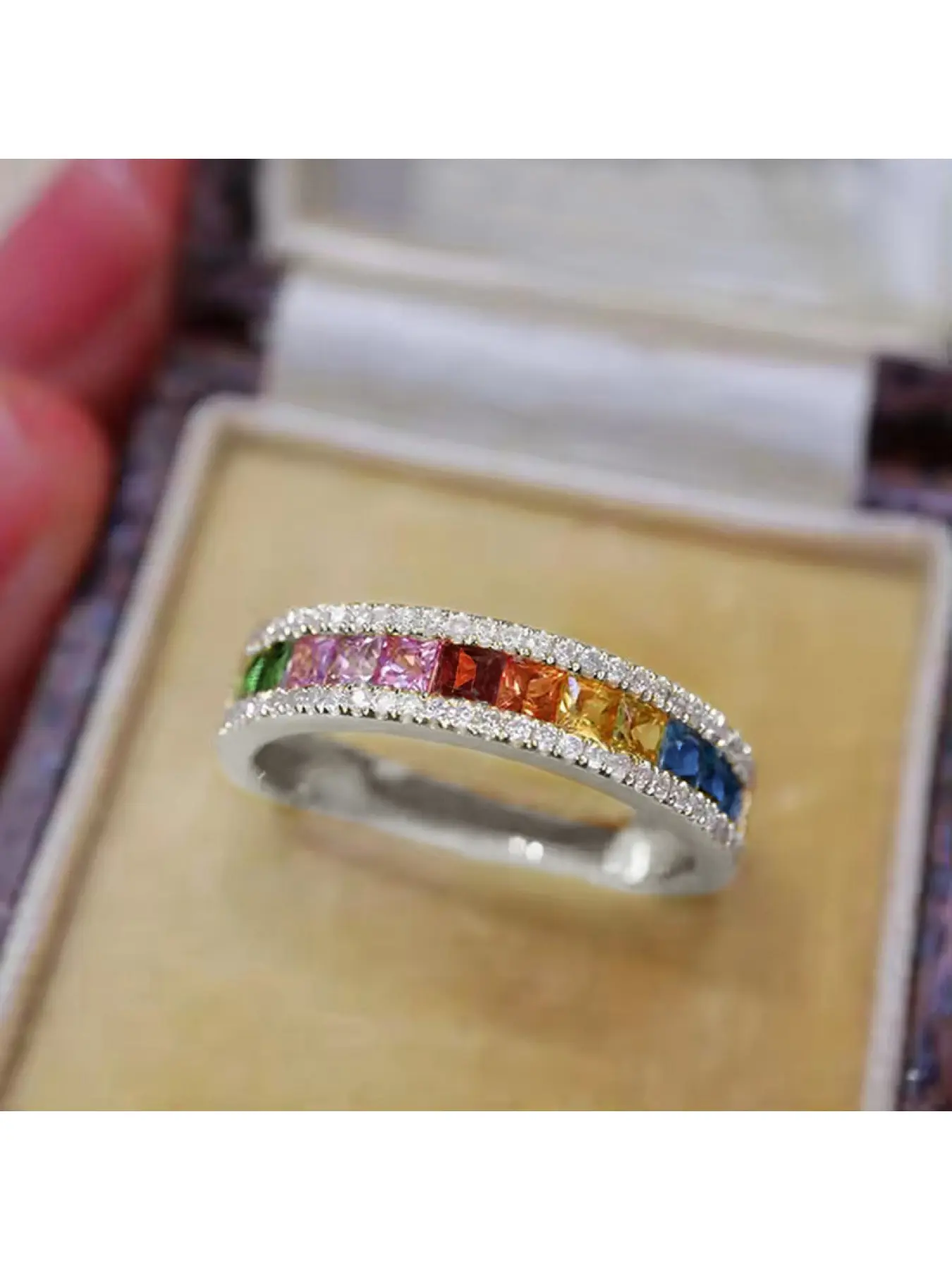 Rainbow Baguette CZ Eternity Ring for Women, 18K Gold Plated Multicolor Channel Set Stackable Band Ring, Dainty Colorful Daily Party Pride Month Anniversary Jewelry Gift