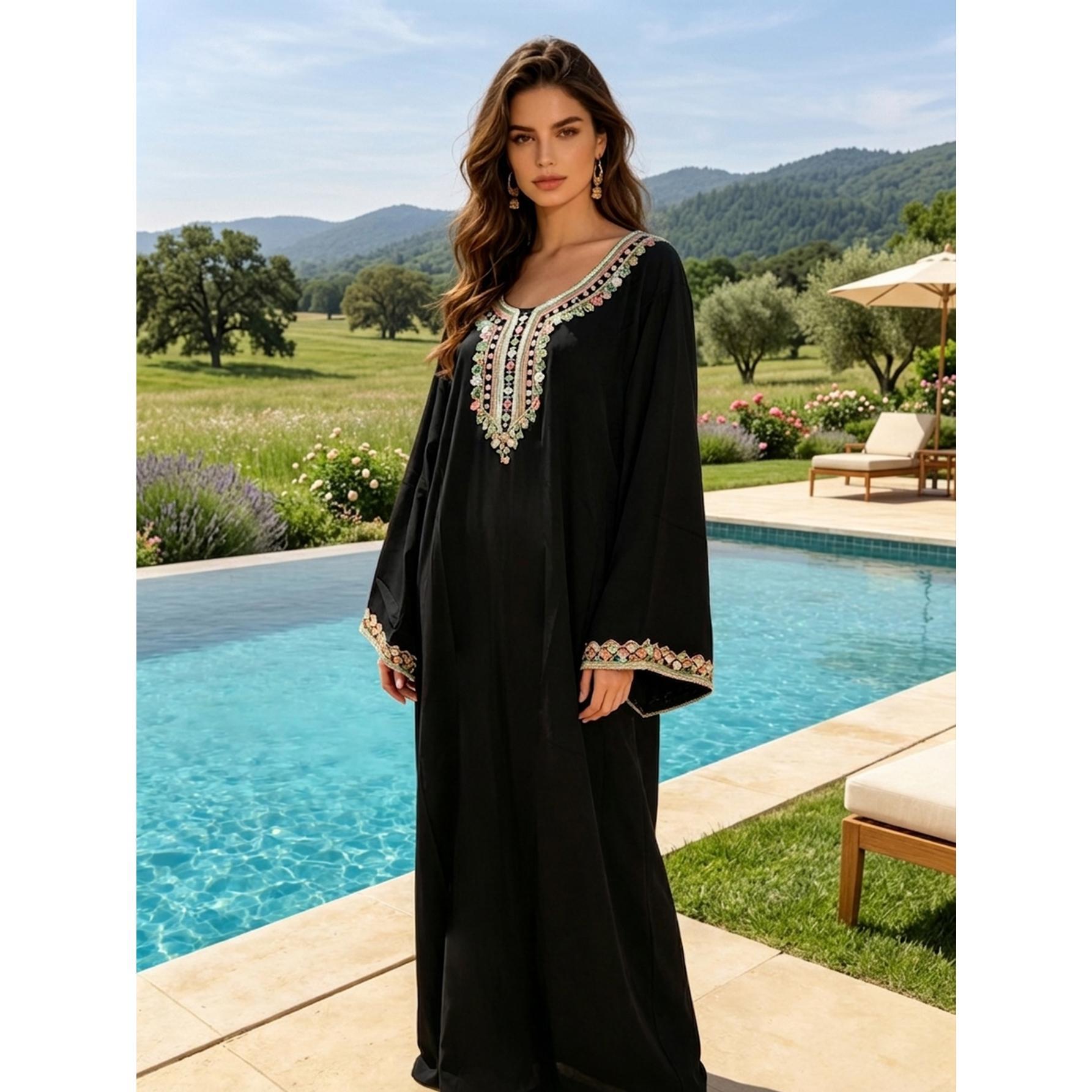 Elegant Black Embroidered Kaftan Maxi Dress Modest Boho Flowy Gown | Size Inclusive S-XL | Perfect for Evening Dinner, Church, Vacation & Daily Chic Elegant Black Embroidered Kaftan Maxi Dress Modest Boho Flowy Gown | Size Inclusive S-XL | Perfect for Evening Dinner, Church, Vacation & Daily Chic