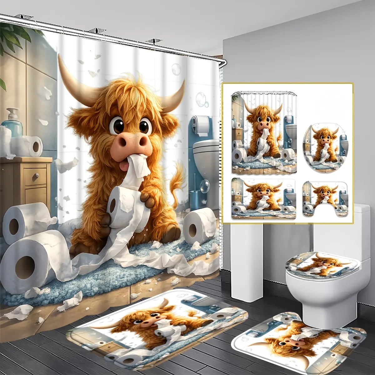 4-Piece Highland Cow Shower Curtain Set, Cute Cow Bathroom Decoration, Including Floor Mat, U-Shaped Mat, Toilet Cover and 12 Hooks, Fun Cow Design, Home Decoration, Bathroom Accessories