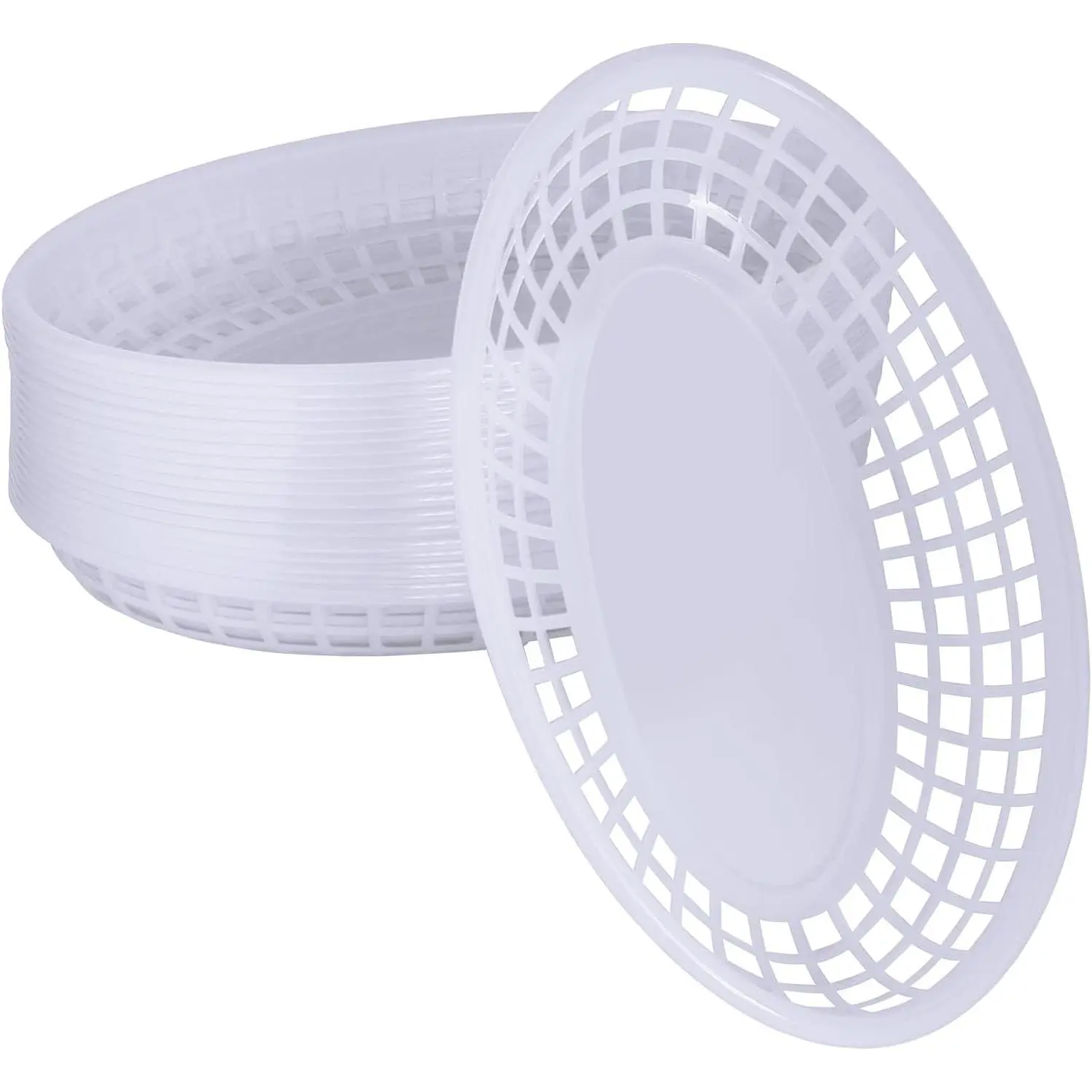 20 Pack Plastic Fast Food Baskets, 8.8" × 5.5" Small Oval Restaurant Serving Baskets Tray for Burgers, Sandwiches, Hot Dogs, Parties, Food Trucks, Reusable or Disposable, Stackable(White)