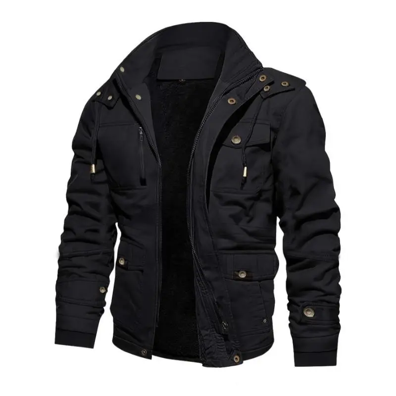 Men's Heavy Jacket - Thickened, Warm, Mid-Length, Multiple Pockets, Zipper, Hood, Suitable for Outdoor Activities