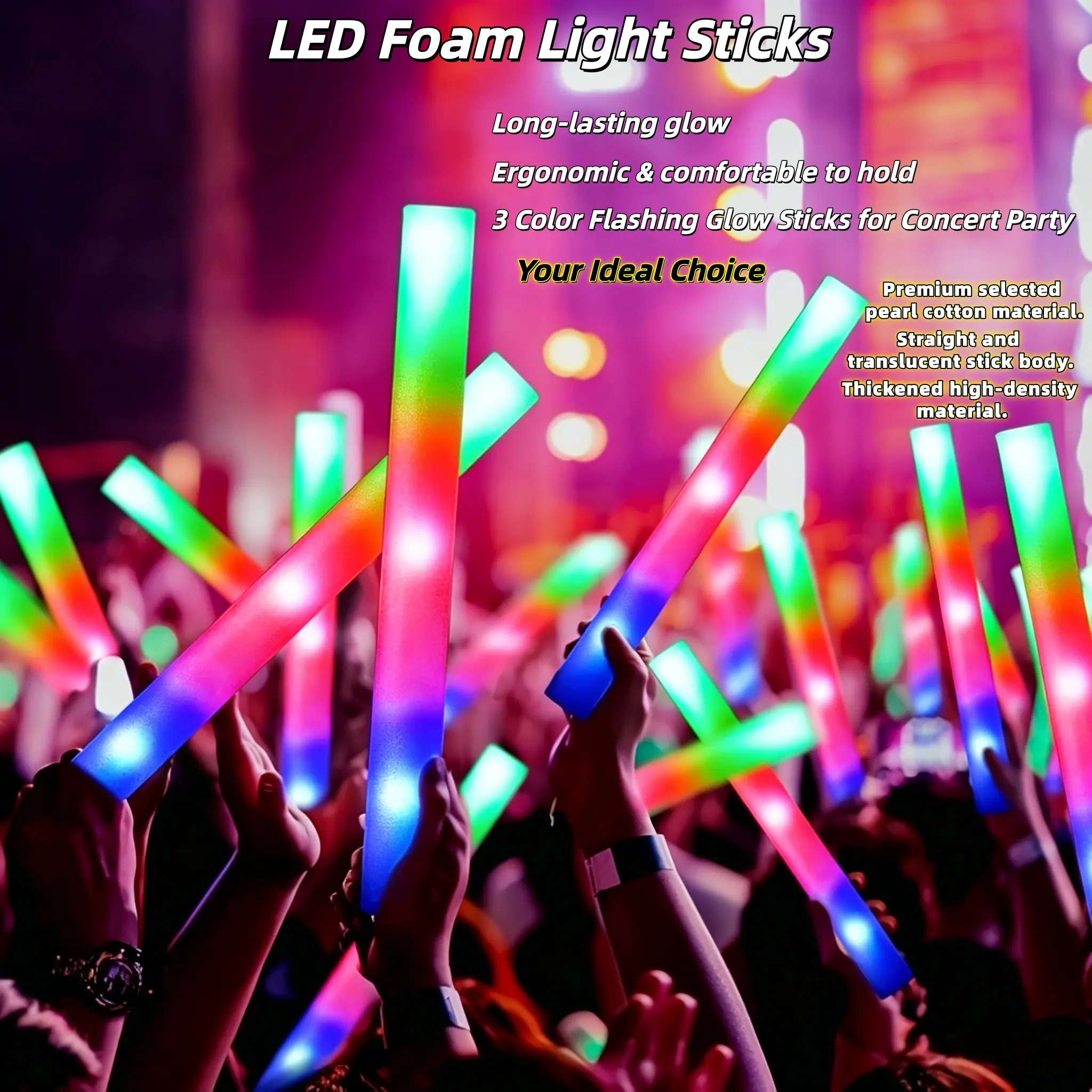 12pcs LED Foam Light Sticks-3 Color Flashing Modes, Fluorescent Glow for Parties, Weddings, Birthdays & More, button Battery Operated, ≤36V,Durable Plastic,  Event Accessories | Vibrant Par/LED Light Sticks | 3 Color Flashing Glow Sticks for Concert Party