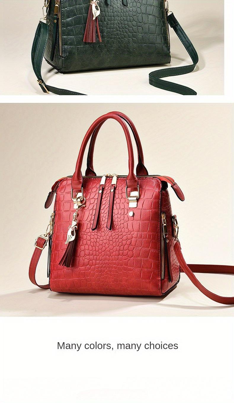 Fashion Crocodile Pattern Women's Handbag 2-piece Set, Women's Shoulder Bag with Tassel Decoration, Metal Cat Pendant Crossbody Bag