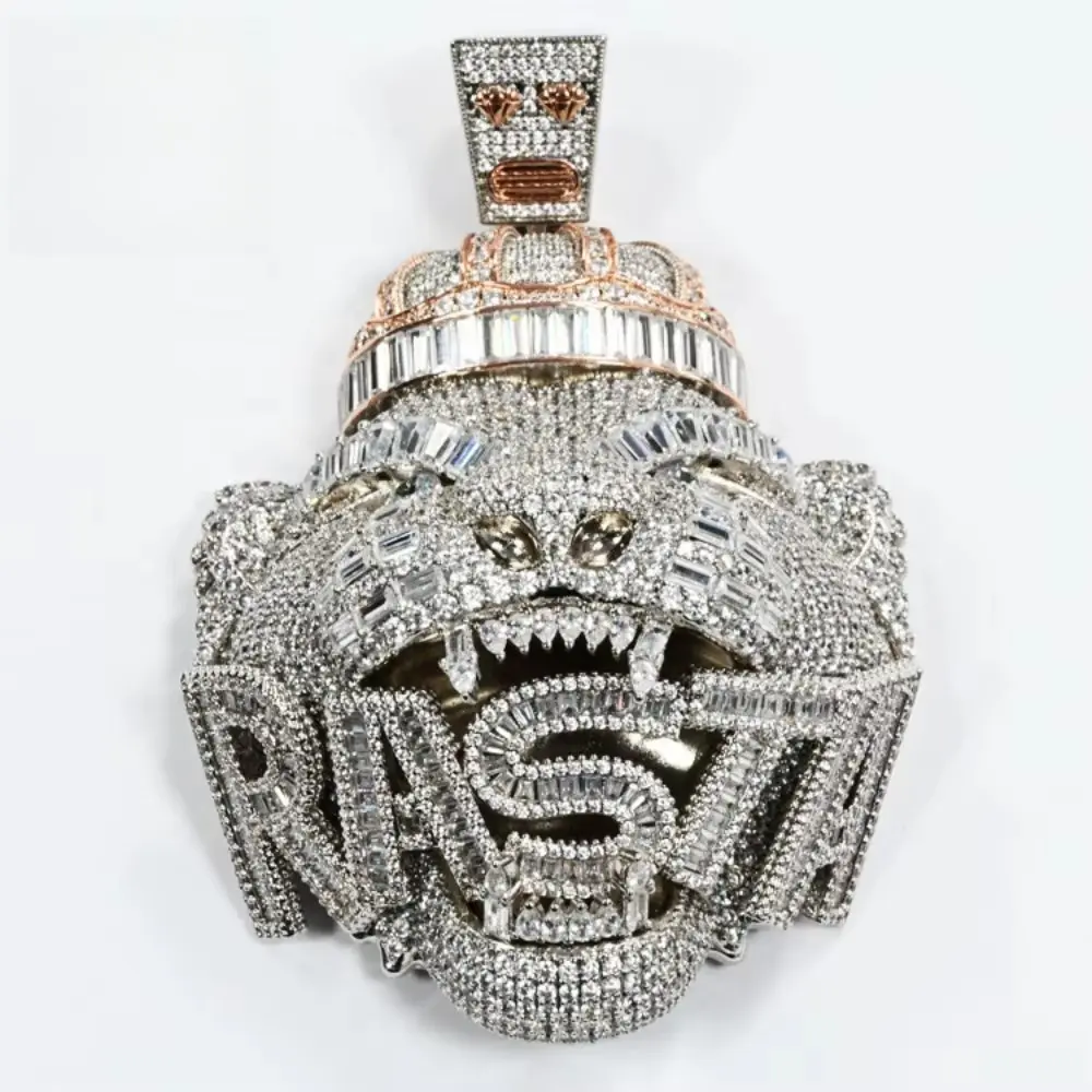 Iced Out Big Crown Lion Head Pendant, Copper Inlaid Mixed‑Cut Cubic Zirconia Bling Letter Charm, Men Hip Hop Rapper Statement Party Jewelry