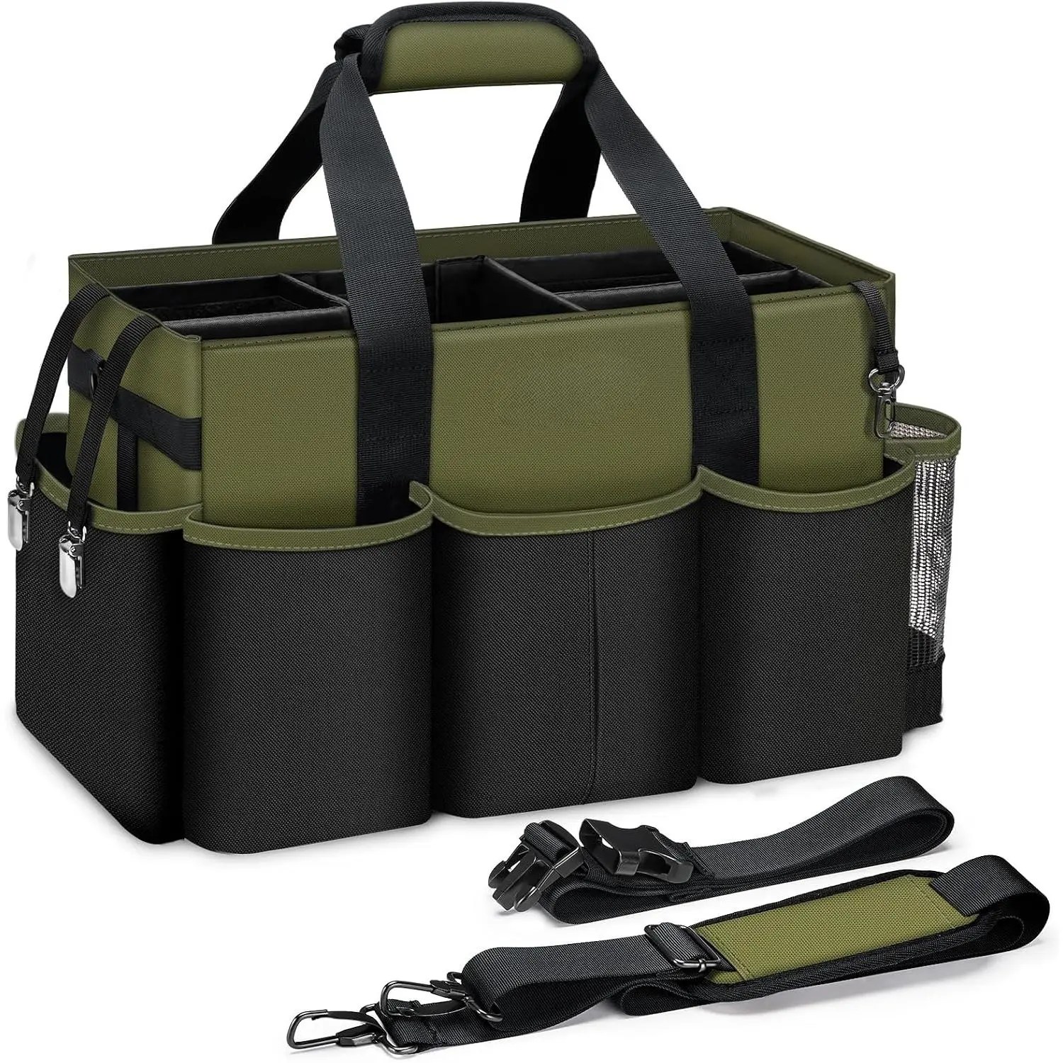 Wearable Cleaning Caddy Organizer with Handle & Shoulder Straps, Large Cleaning Bag for Housekeepers, Kitchen Supplies Organizer with Dividers, Under Sink & Car Detailing Bag, Green