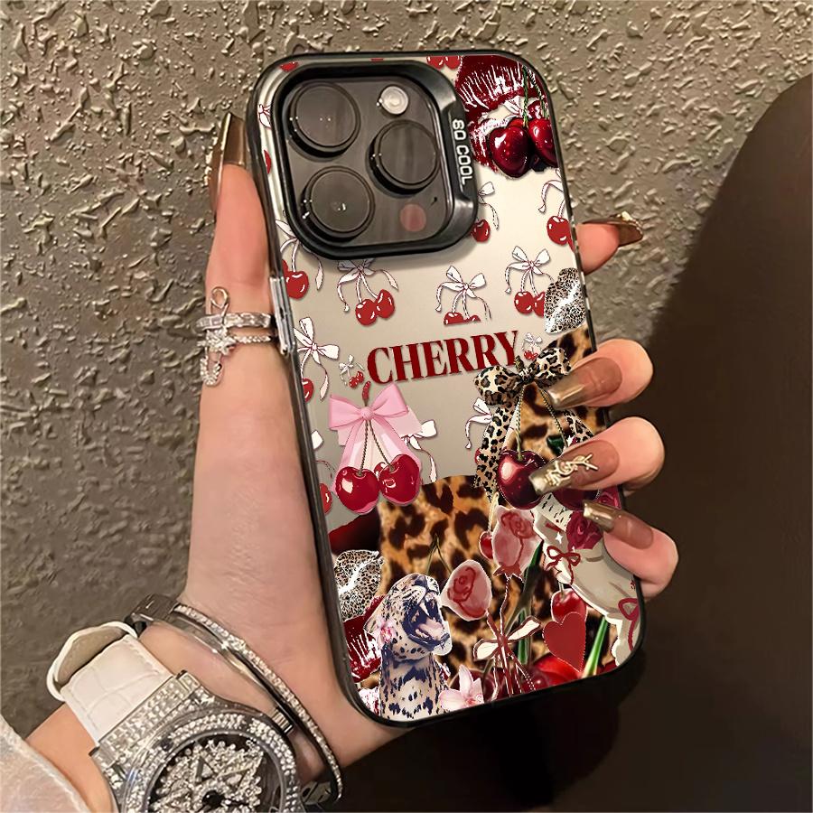 Cherry leopard print bow heart phone case, shockproof hard shell, featuring a vintage girl style design, ideal for gifting, suitable for iPhone 17/16/15/14/13/12/11/X/XS/XSMAX/XR/7P/8P/16E/17E