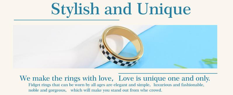 Checkered Spinner Ring for Adults, 18K Gold Plated Stainless Steel Rotating Band Jewelry, Black and White Pattern Unisex Ring Checkered Spinner Ring for Adults, 18K Gold Plated Stainless Steel Rotating Band Jewelry, Black and White Pattern Unisex Ring