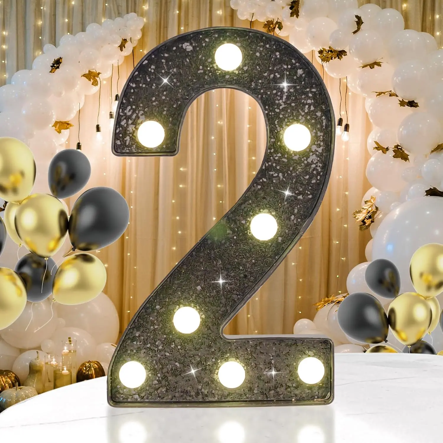 Decorative LED Light up Number 2, Glitter Black Marquee Number Lights Sign for 2nd 20th 21st Birthday Party, , Bar, Graduation, Wedding, Anniversary,  Operated Black Decoration 2