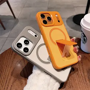 Two-Tone Contrast MagSafe Case With Built-In Hidden Kickstand For iPhone 16 Pro Max, Integrated Magnetic Stand Full Shockproof Protective Cover Fit iPhone 17e 15 Plus 14 Pro 13 12 11, Luxury Unique Niche Matte Phone Shell