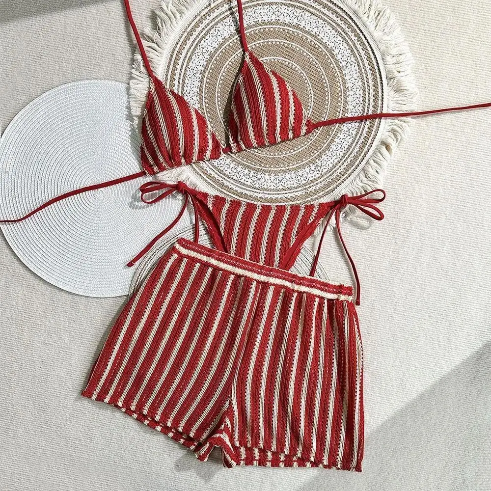 Women's Vintage Knitted Striped 3-Piece Beach Bikini Set - Low Rise, Quick Dry Synthetics, Side Ties, Breathable Strapless, Small Bust Fit, Hand Wash Only Beachwear, No