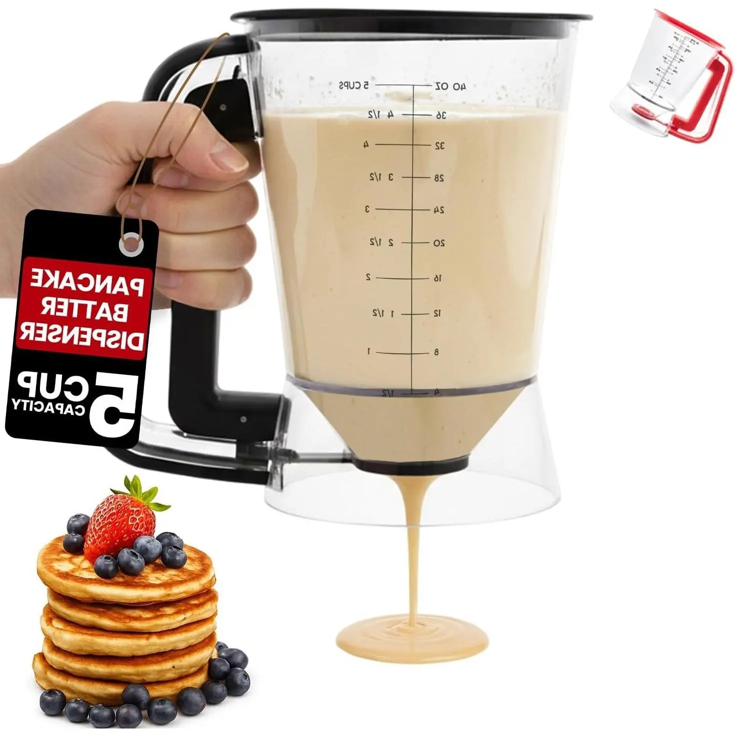 Pancake Batter Dispenser with 5-Cup Capacity - Waffle Batter Dispenser for Pancakes, Cupcakes & Crepes, Easy-Squeeze Handle, Dishwasher Safe - Black Pancake Dispenser