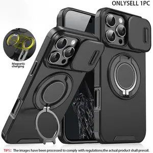 Shockproof, Protective Phone Case, Casing with Sliding Camera Cover, 360 Rotating Ring Kickstand, for iPhone 17 16 15 14 13 12 Pro Max, Military Grade Anti-Drop Magnetic Outdoor Sports Case Accessories