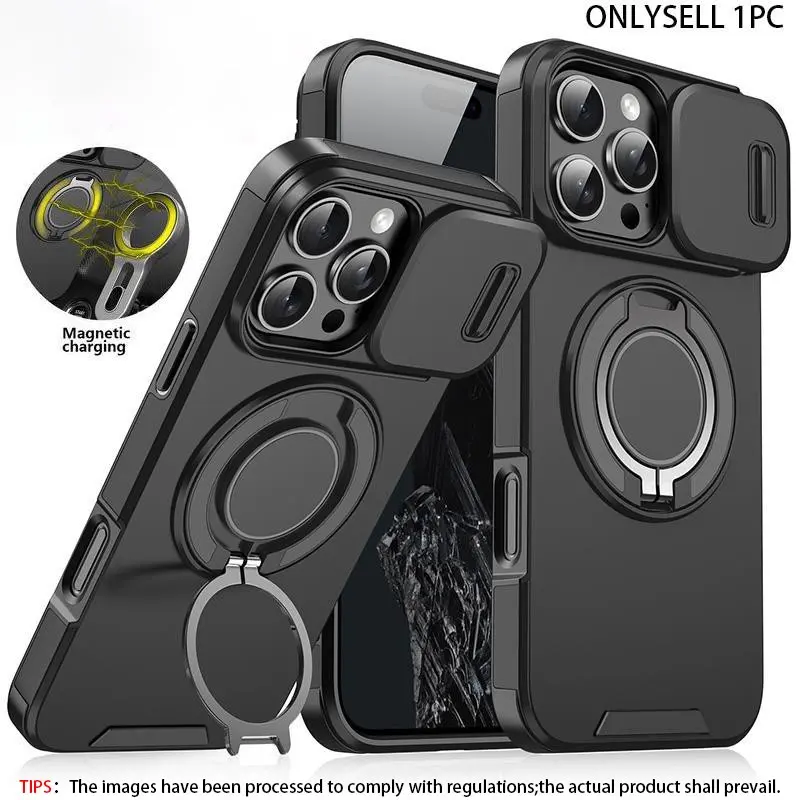 Shockproof, Protective Phone Case, Casing with Sliding Camera Cover, 360 Rotating Ring Kickstand, for iPhone 17 16 15 14 13 12 Pro Max, Military Grade Anti-Drop Magnetic Outdoor Sports Case Accessories, Protective Smartphone Cover