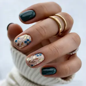 French Tip Press-On Nails, Short Square False Nails, Flower Leaf Nail Art, Floral Sticker Nails, Shiny Spring Nails, 24 Pcs