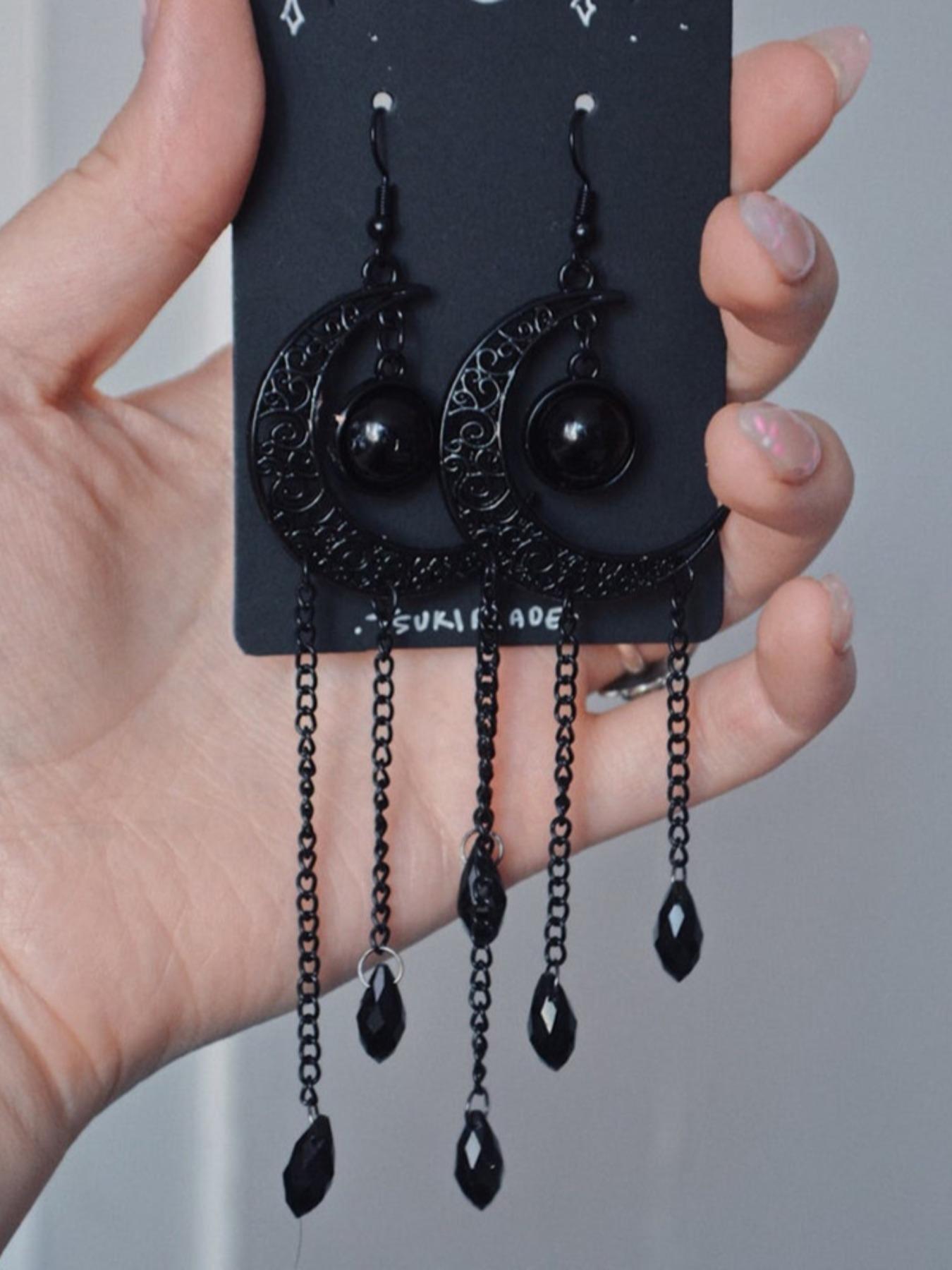 1 Pair Punk Style Creative Moon & Tassel Design Dangle Earrings, Long Chain Tassel Decor Drop Earrings, Gothic Style Party Jewelry Accessories For Women, Statement Earrings