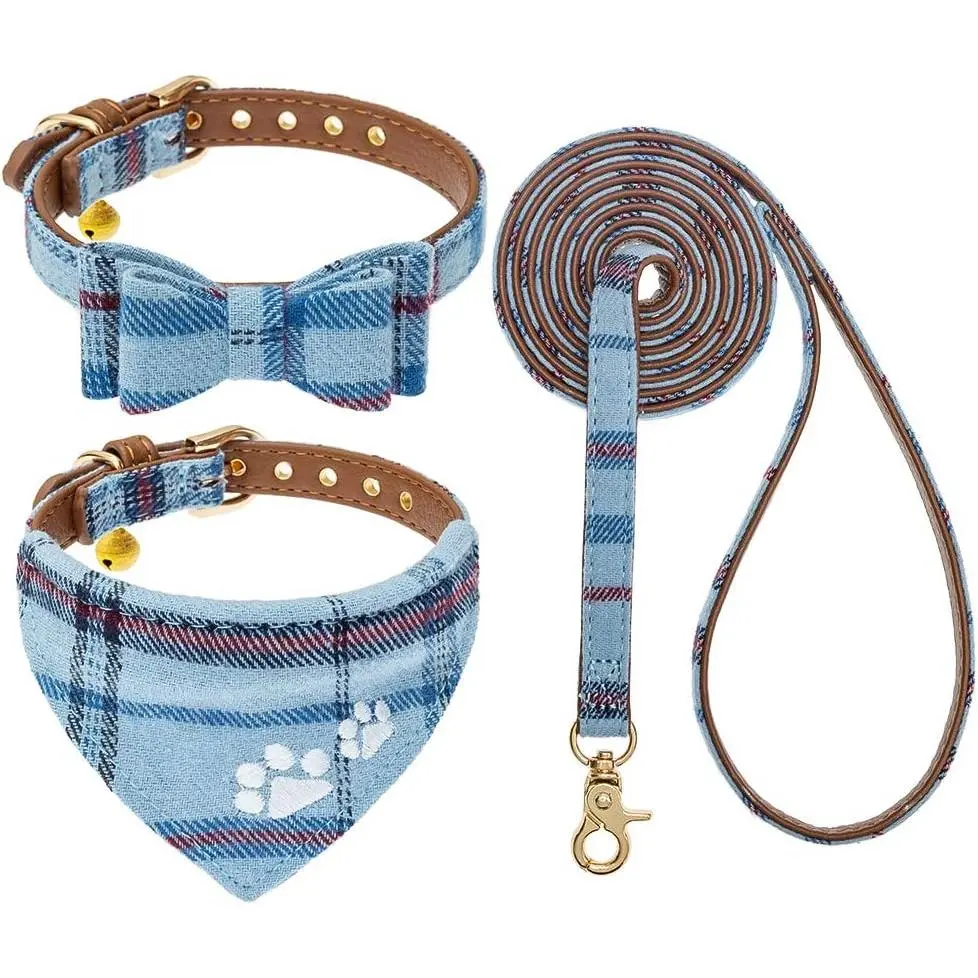 Puppy Collar and Leash Set - Embroidery Pawprints Plaid Dog Collar and Dog Leash Set, Bow Tie and Bandana Dog Collar with Bell, Cute Collar and Leash for Dogs Cats Outdoor Walking, Blue S