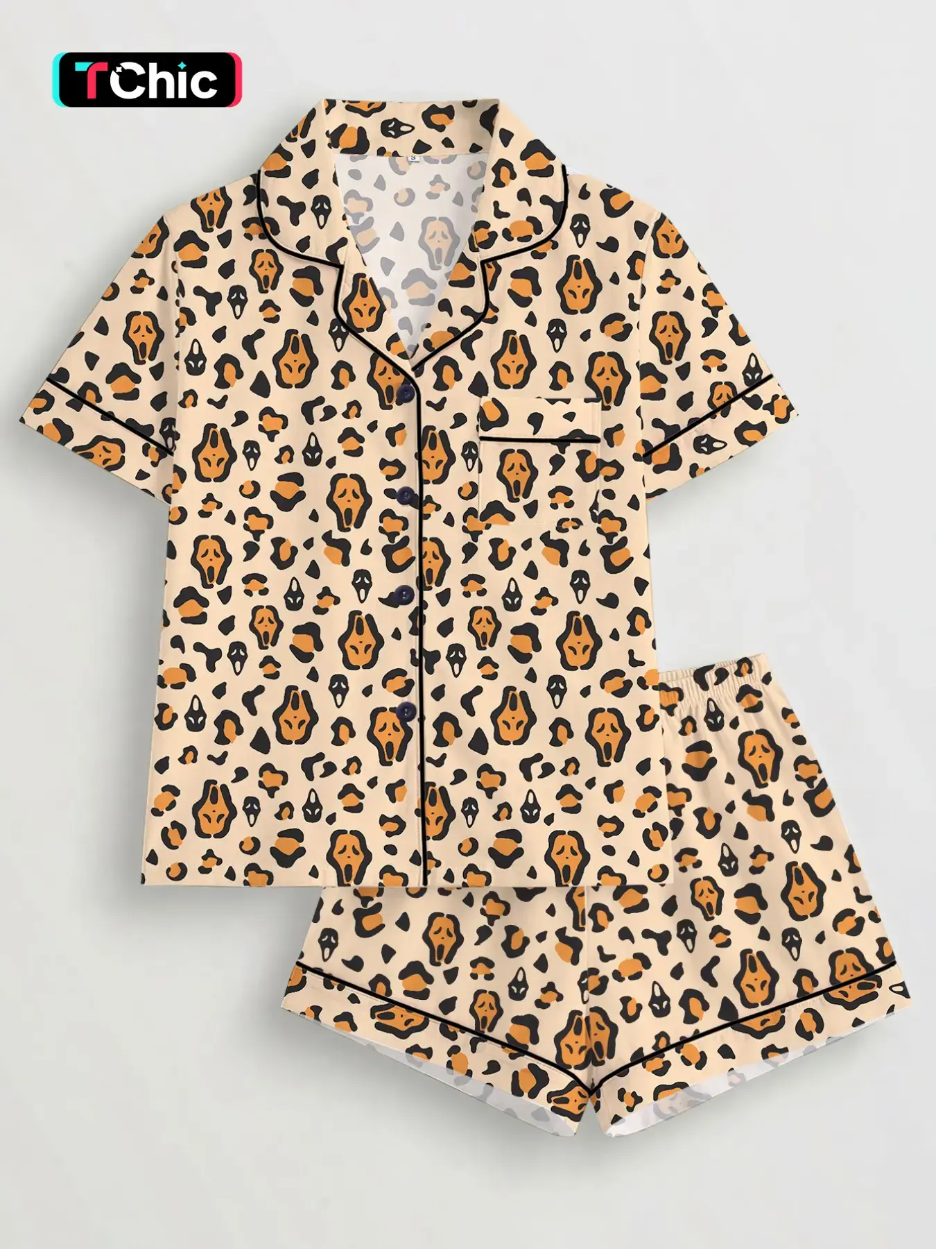 Halloween Women's Pajama Set, Cartoon Skull Leopard Print, Casual Button Front Top, Elastic Shorts, Comfortable Home Wear
