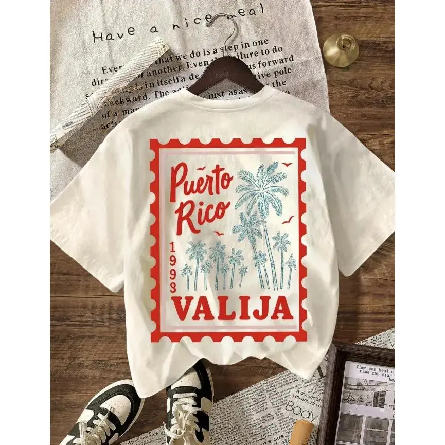 [Graphic Tee] Women’s Puerto Rico Valija Graphic Tee, Tropical Palm Tree Back Print Shirt, Vintage Travel Souvenir T-Shirt, Island Vacation Outfit, Caribbean Beach Tee, Summer Resort Top, Latin Heritage Gift for Her cotton unisex humorous tshirt men