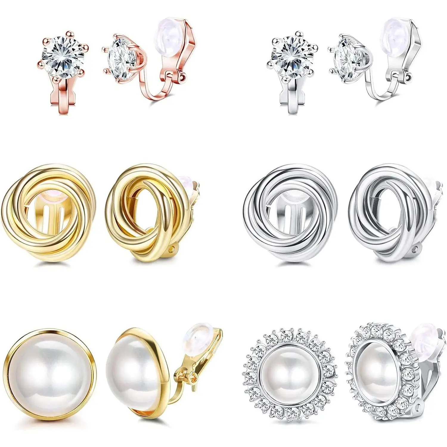 6 Pairs Clip on Earrings for Women, CZ Gold Twist Knot & Freshwater Pearl Earrings with Pads, Hypoallergenic Non-Piercing Clip Earrings, Wedding Set in Silver & Rose Gold