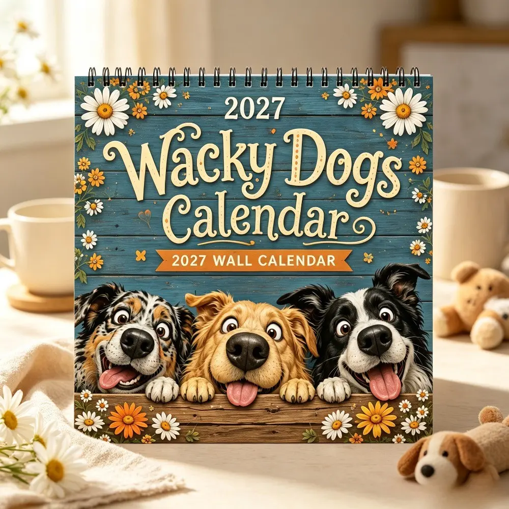 2027 Funny Dog Wall Calendar, Cute Puppy Spiral Coil Monthly Planner, Vintage Wooden Style Home Decor, Gift Idea for Households