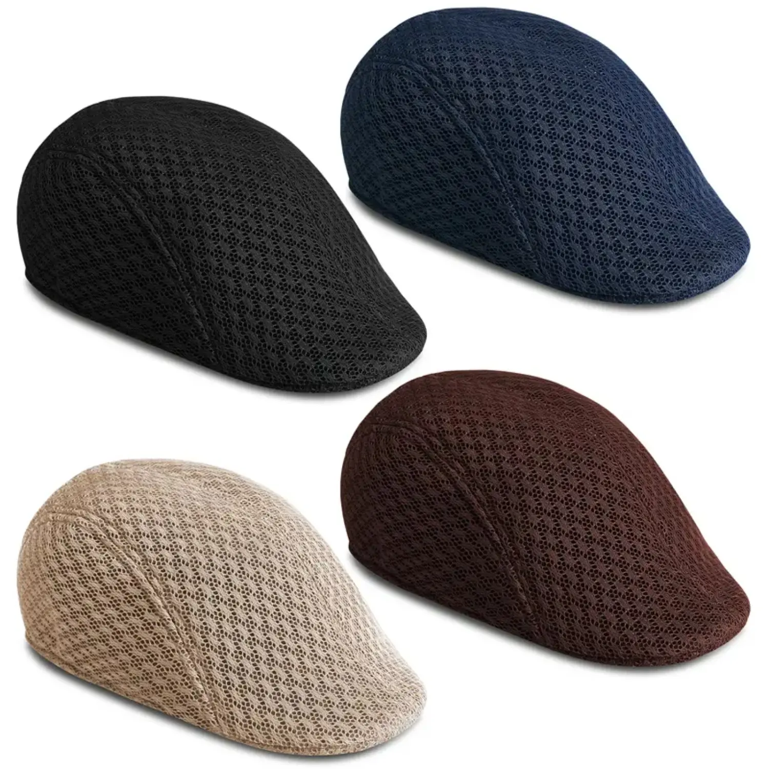 Men's UPF50+ Sunblock Mesh Flat Newsboy Hat - Lightweight Breathable Adjustable Duckbill Ivy Cap for Outdoor Golf Driving