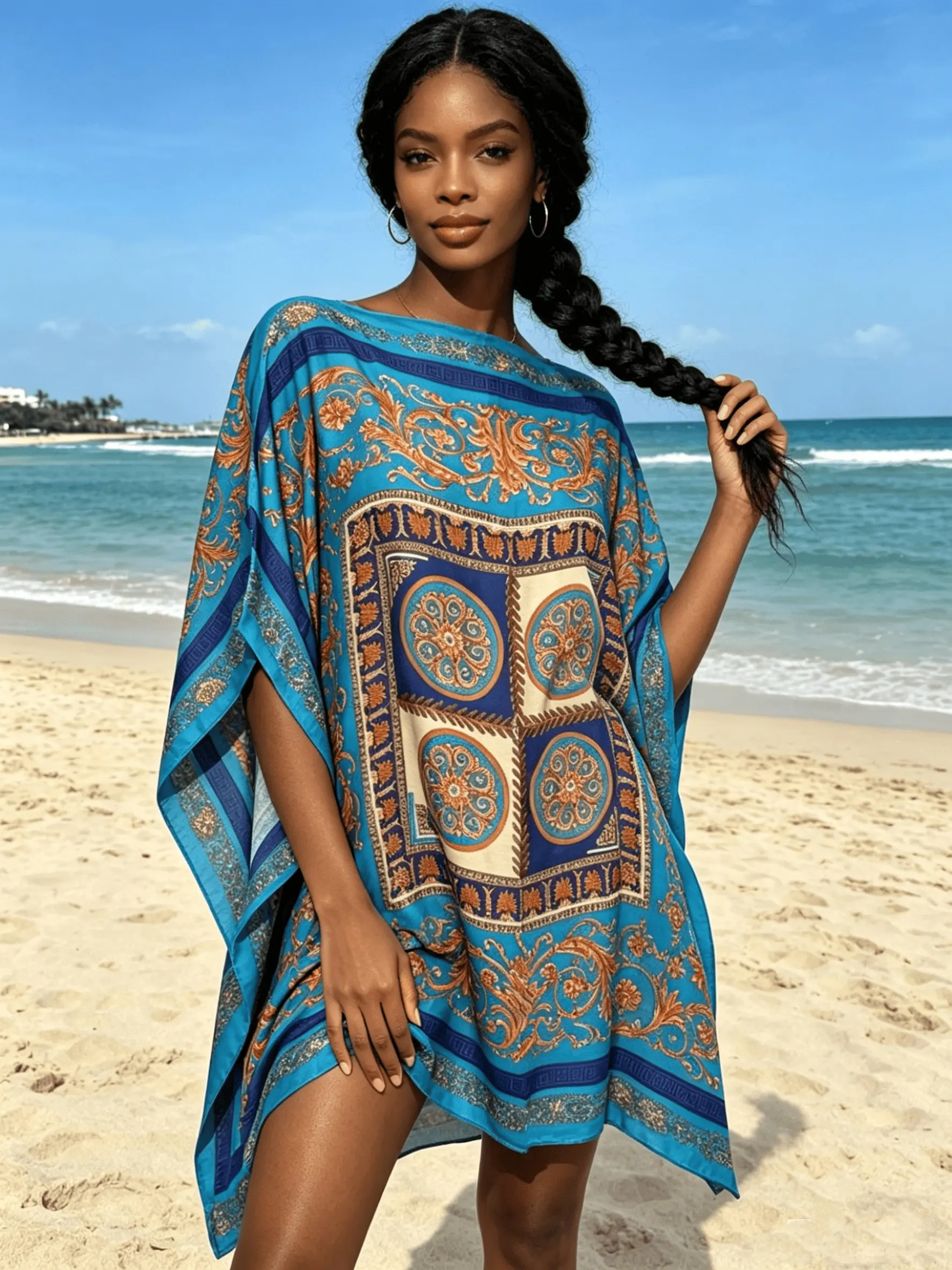 Women's Bright Blue Vintage Medallion Baroque Print Short Kaftan Cover Up, Silky Satin Loose Batwing Beach Tunic, Plus Size Swim Cover Dress for Resort Pool Vacation Swimsuit Coverups