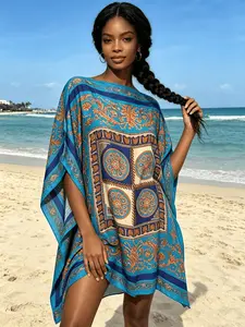 Women's Bright Blue Vintage Medallion Baroque Print Short Kaftan Cover Up, Silky Satin Loose Batwing Beach Tunic, Plus Size Swim Cover Dress for Resort Pool Vacation Swimsuit Cover Ups